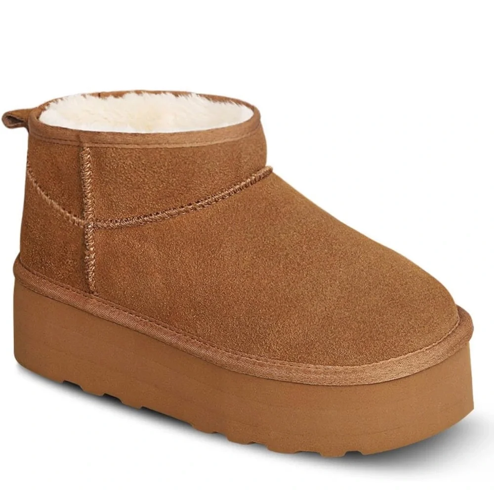 Brown Platform Mini Boot Short Ankle Fur Fleece Ultra Platform Anti-Slip…